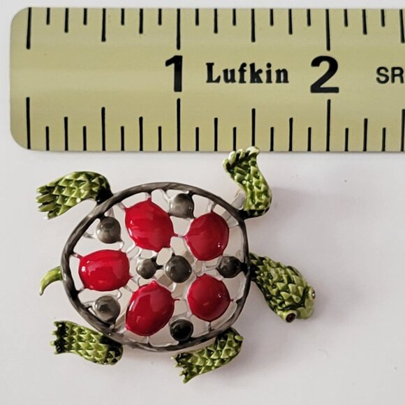 VTG Turtle Brooch Red Cabochon Shell Green Enamel Gold Tone Figural Tortoise Pin - Picture 6 of 8
